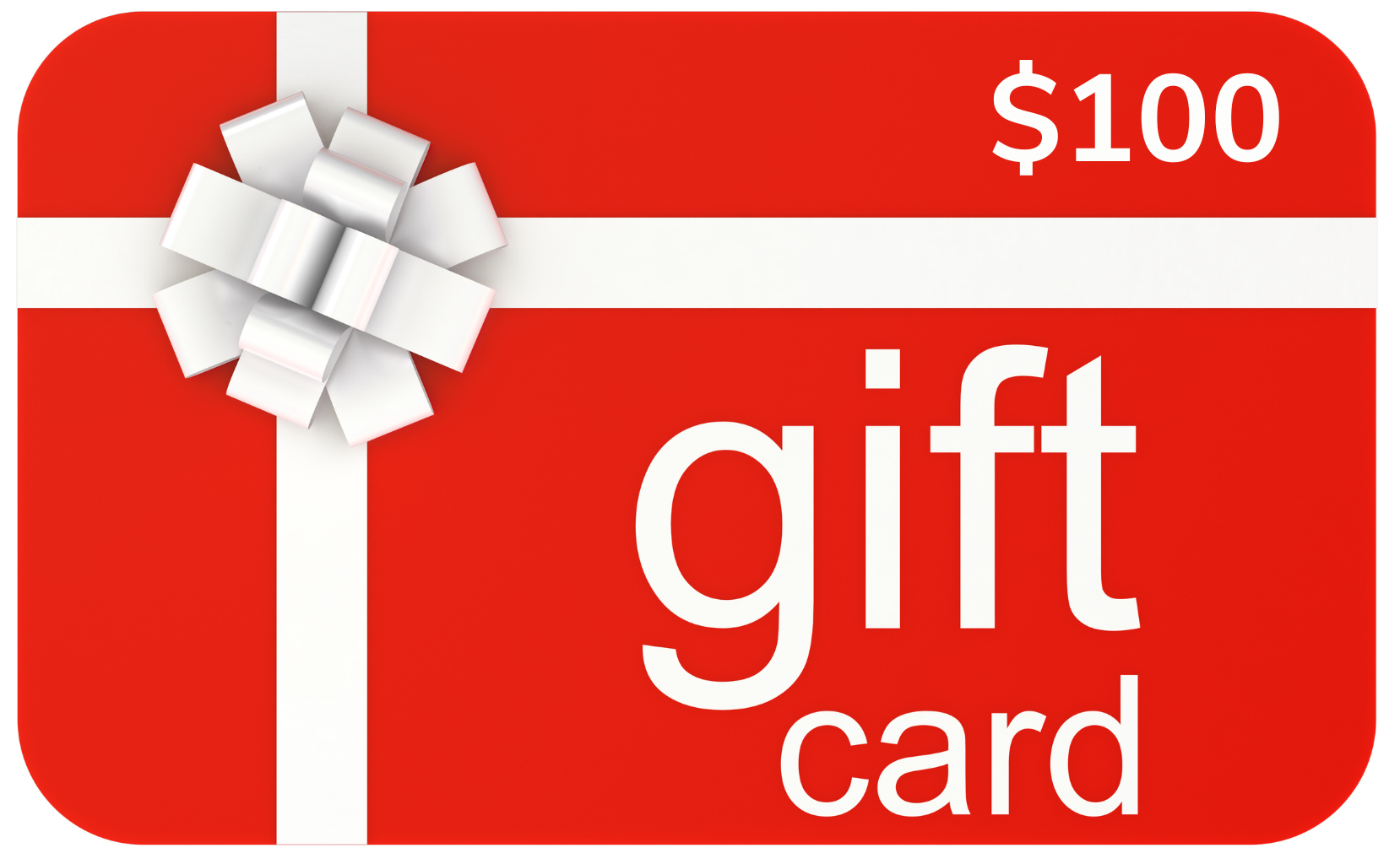 A red gift card with a white bow on it.