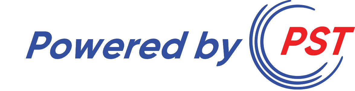 A blue and red logo that says powered by pst