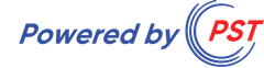 A blue and red logo that says powered by pst