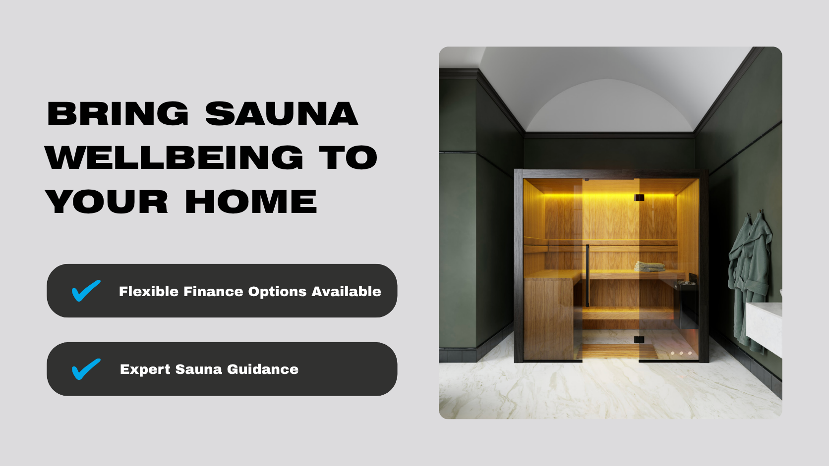 Wellness home entrance with modern spa-like doorway and text: “Bring sauna wellbeing to your home.”