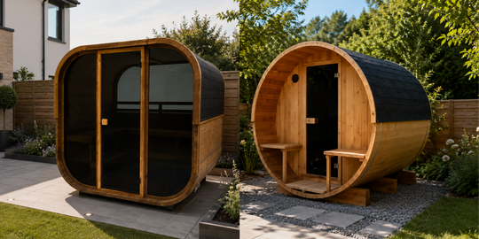 Backyard garden with a wooden sauna pod beside a brick house and lawn