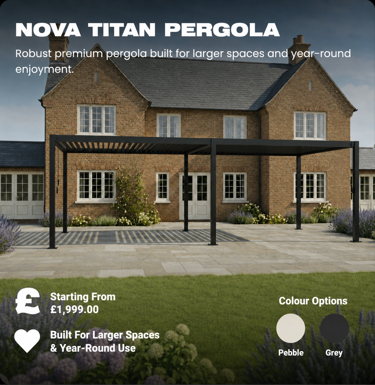 NOVA TITAN pergola beside a brick house, black frame, with price and color options shown.