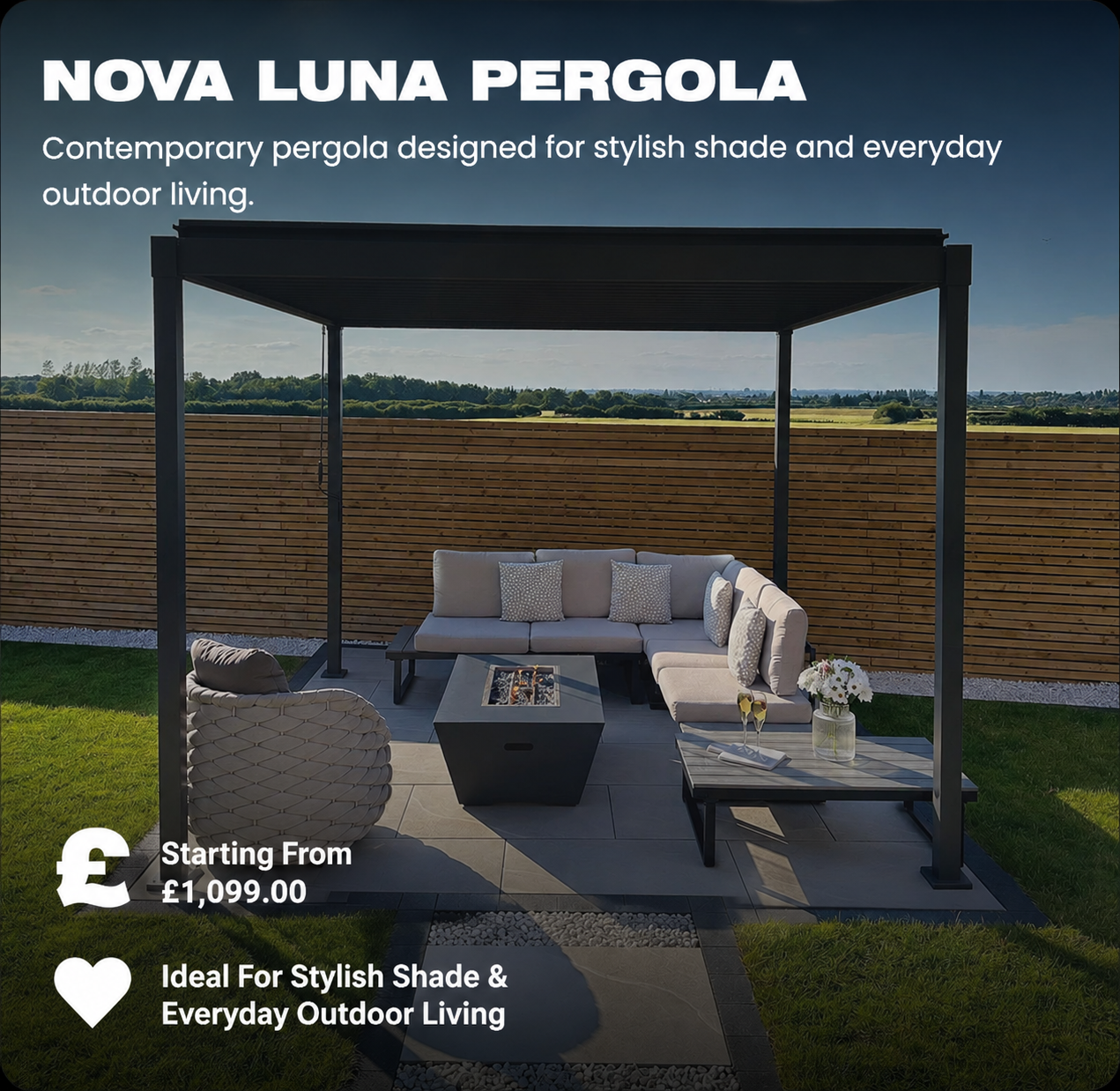 Black Nova Luna pergola with gray outdoor sofa set in a garden, starting from £1,099.00