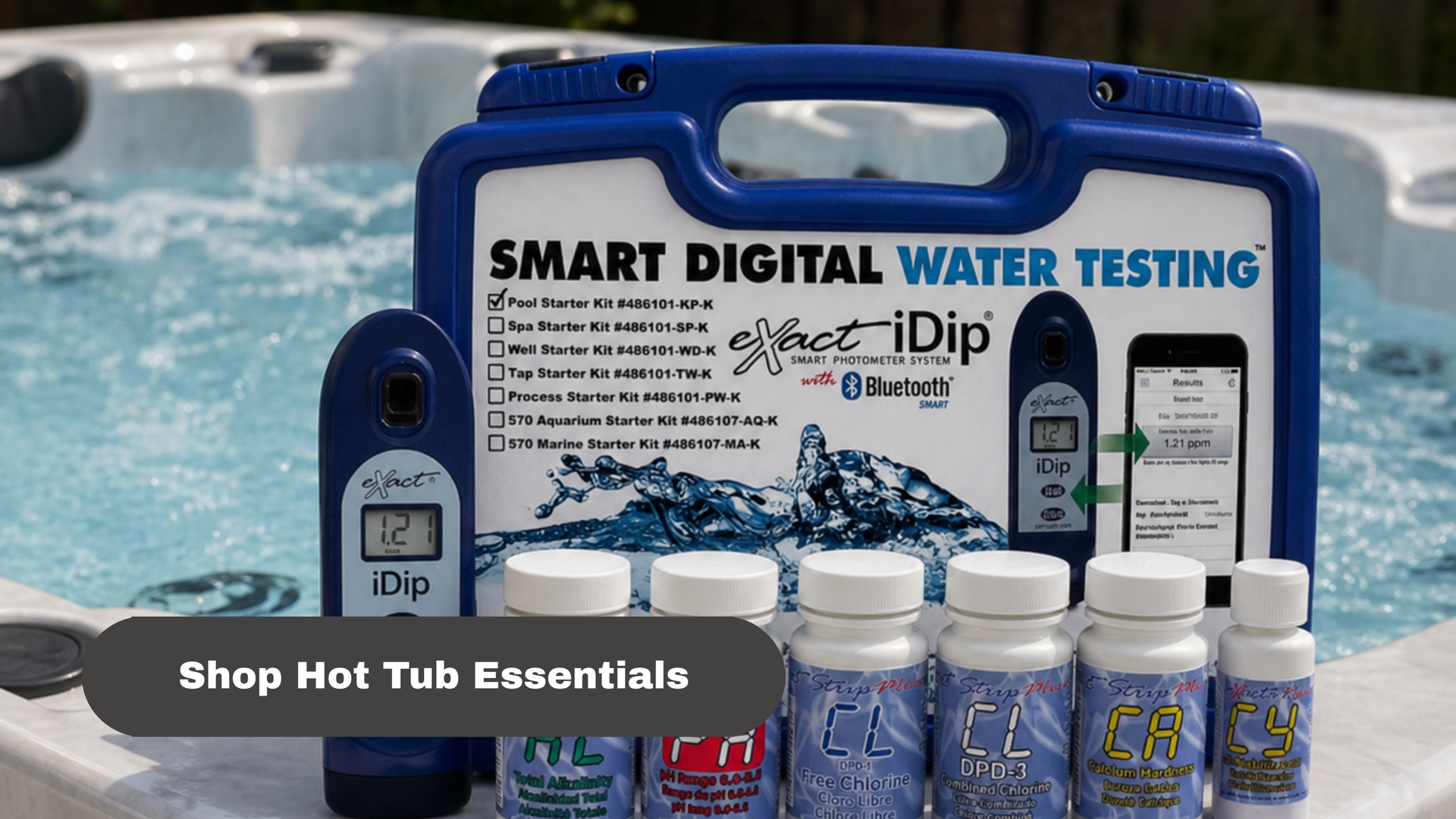 Hot tub water testing kit with blue case, bottles, and “Shop Hot Tub Essentials” banner