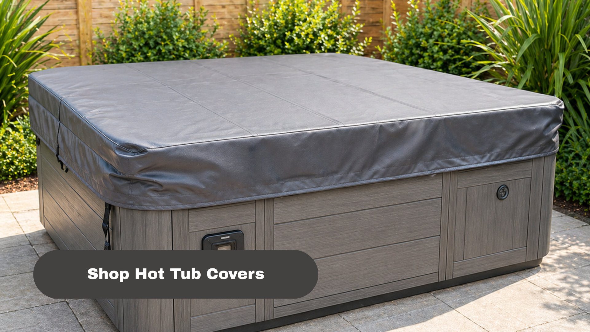 Gray hot tub cover on an outdoor spa with “Shop Hot Tub Covers” button overlay