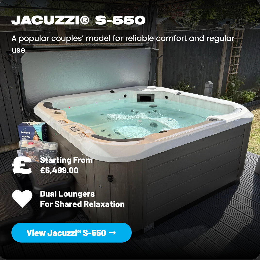 Jacuzzi S-550 hot tub with open cover, bubbles, and price offer on a deck display ad