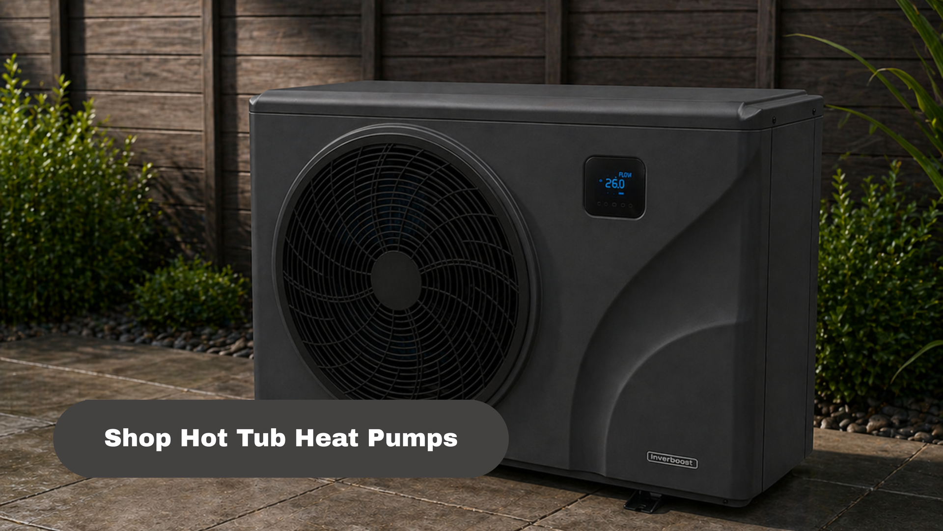 Black hot tub heat pump beside wooden fence with “Shop Hot Tub Heat Pumps” text overlay