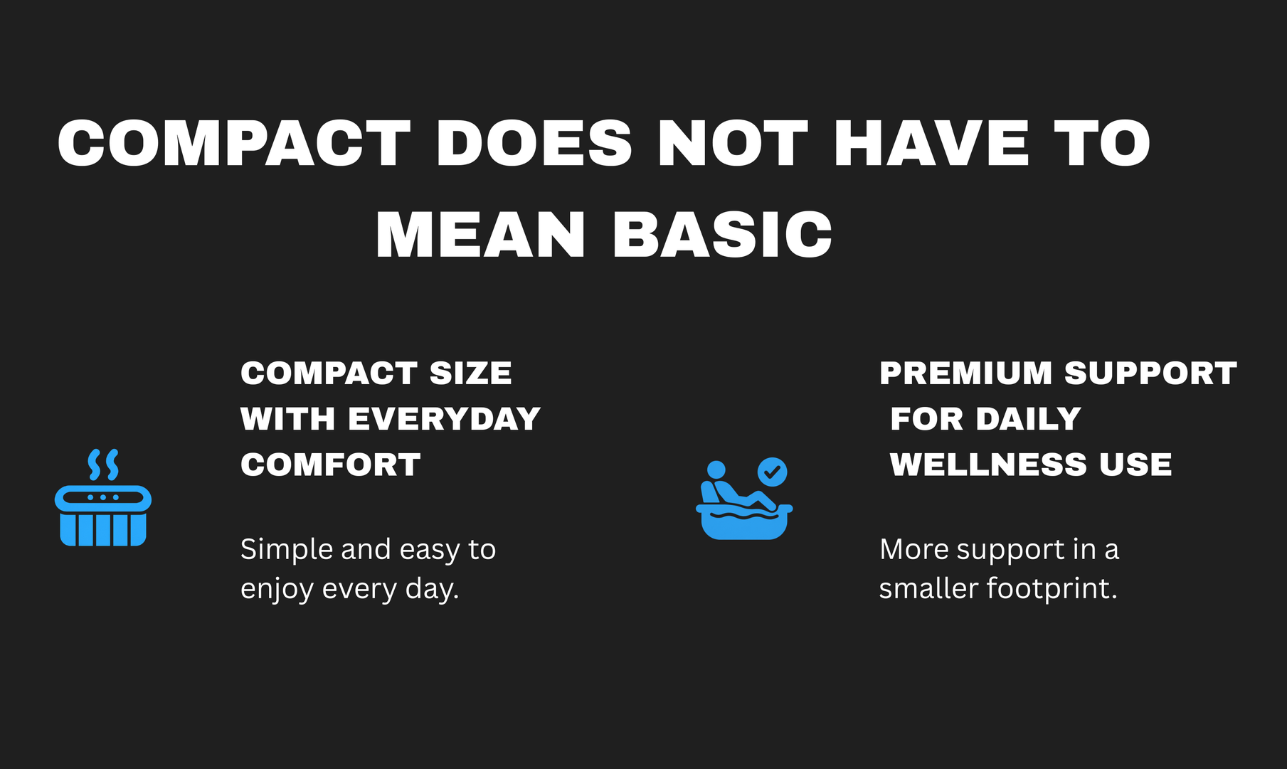 Black promo graphic: “Compact does not have to mean basic,” with two blue icons and small feature text.