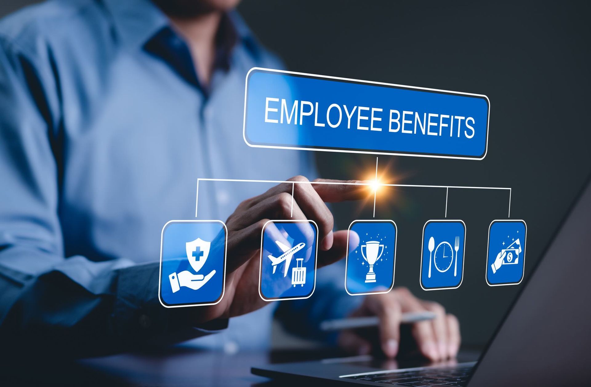 Employee Benefits and Compensation Strategy Concept. Employee benefits options on digital interface.
