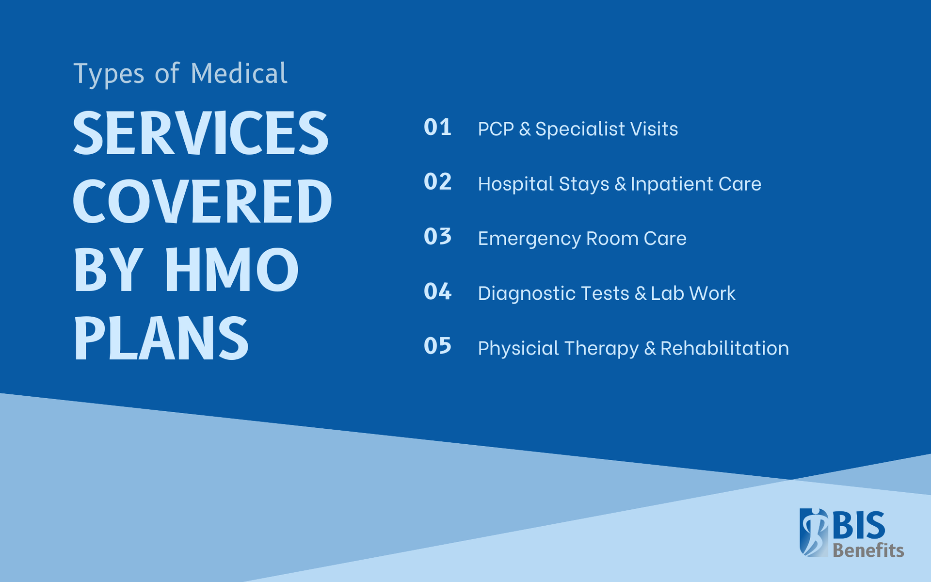 Infographic listing types of medical services covered by HMO plans: 1. PCP and specialist visits, 2. hospital stays & inpatient care, 3. emergency room care, 4. diagnostic tests & lab work, and 5. physical therapy & rehabilitation