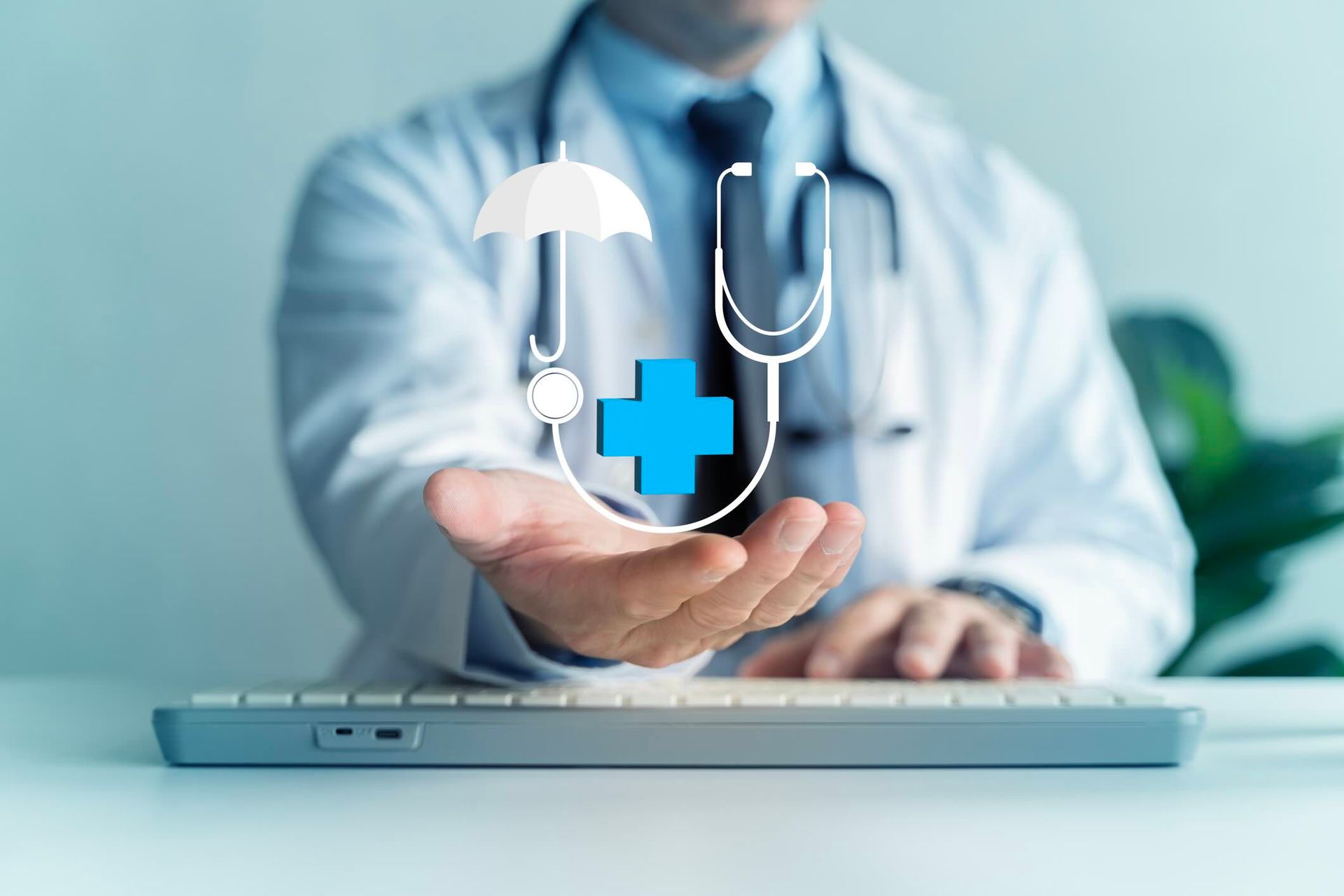 Doctor offering health protection symbol with umbrella and stethoscope, medical insurance concept