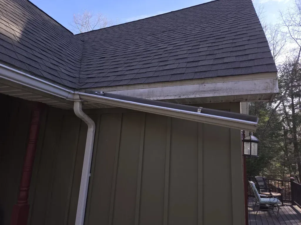 Exterior view of a house with a dark roof, white gutters, and green siding.