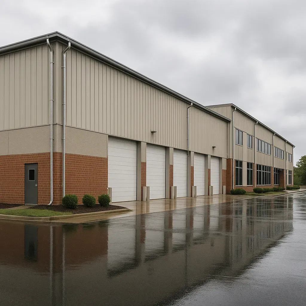 Factory building with vent fans and louver on aluminum steel wall with white downspouts against a blue sky