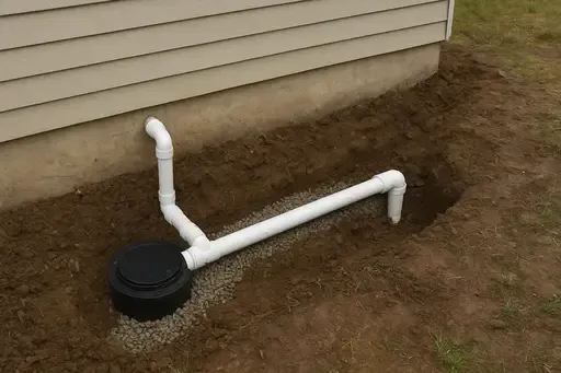 White PVC pipes connected to a black circular basin next to a building's foundation in a dirt trench.