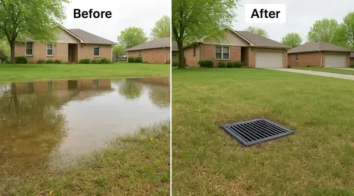 Before and after pic with before standing water in a yard with brick Wichita house, and after with a catch basin drain
