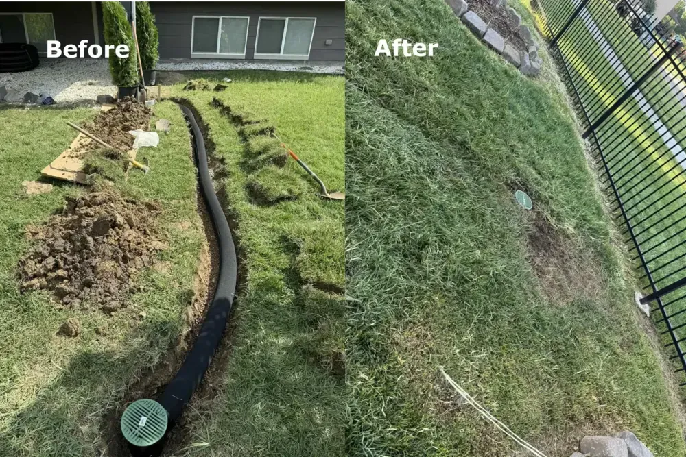 Before image of a trench with newly laid underground drain, and after with the trench filled and lawn intact