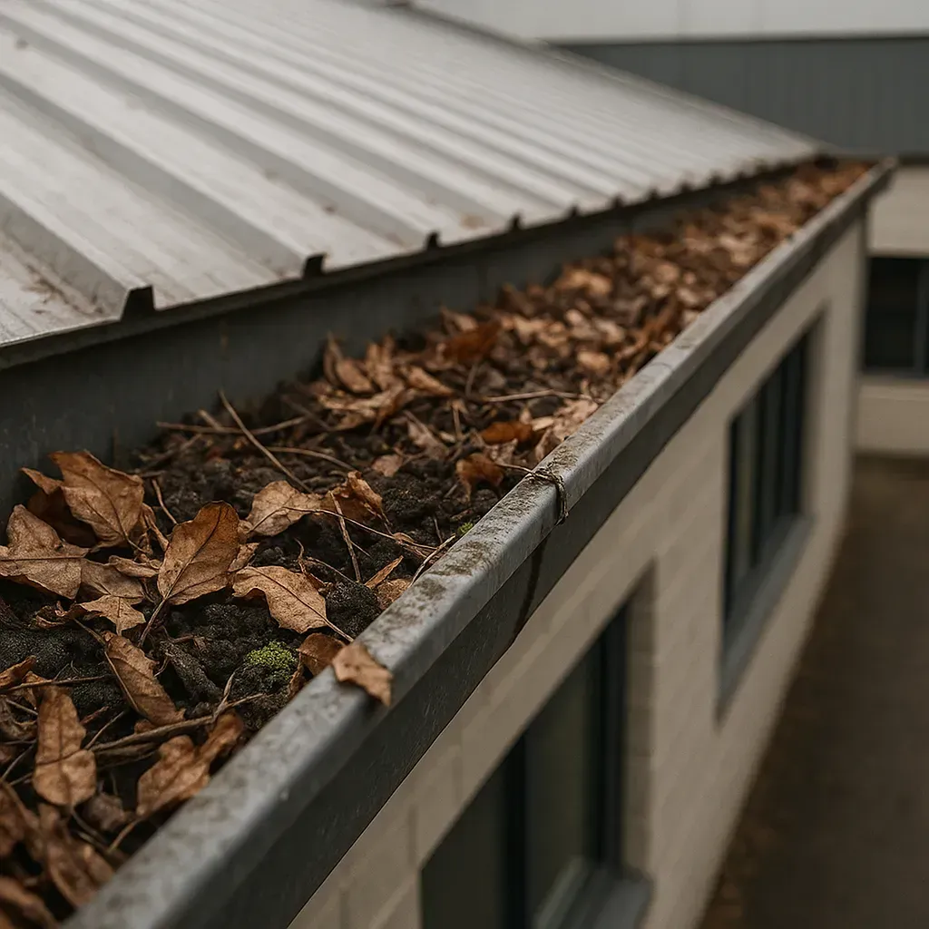 close up of length of gutter with metal roof clogged with leaves and dirt