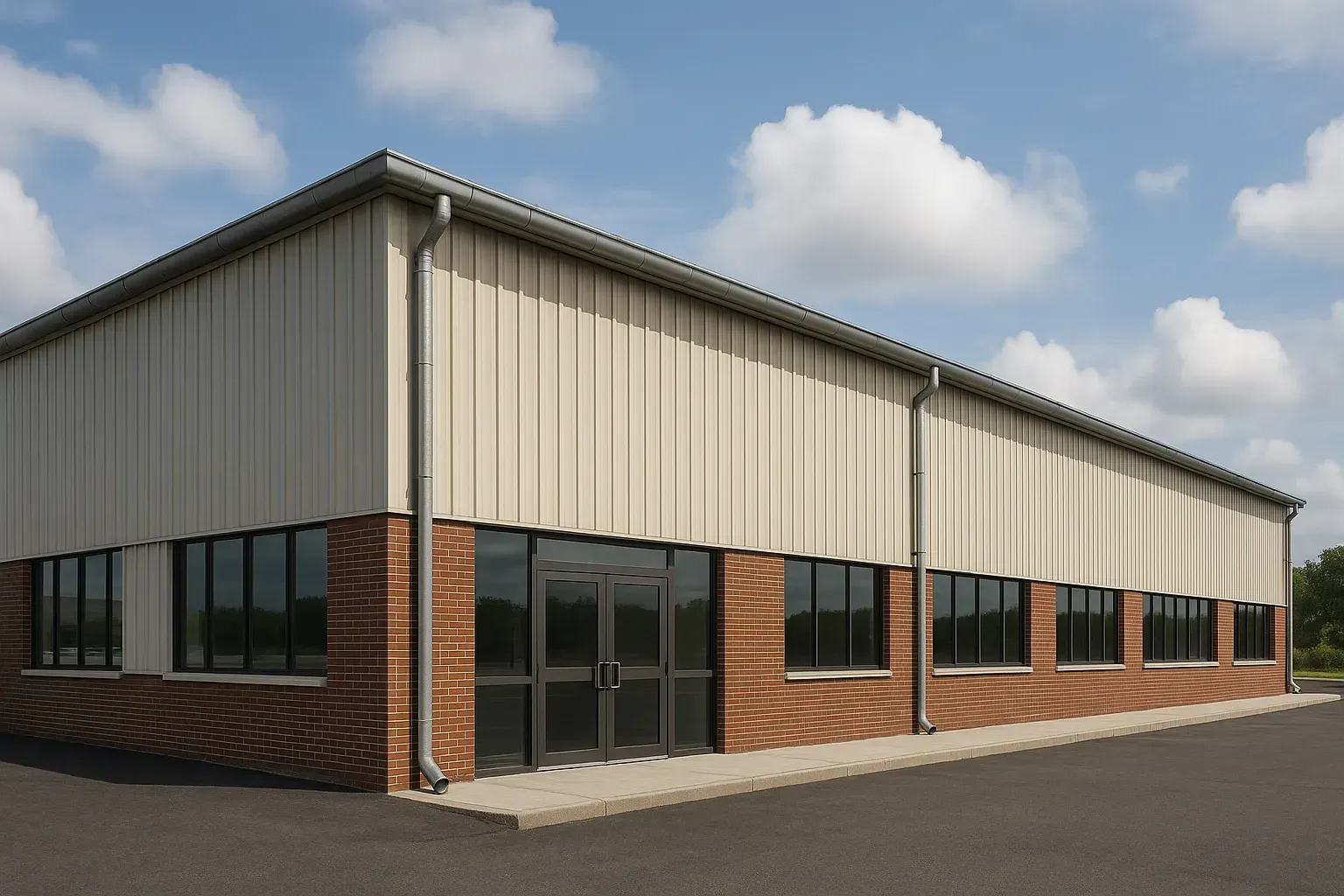 Wide shot of large commercial building with gutters along roof line