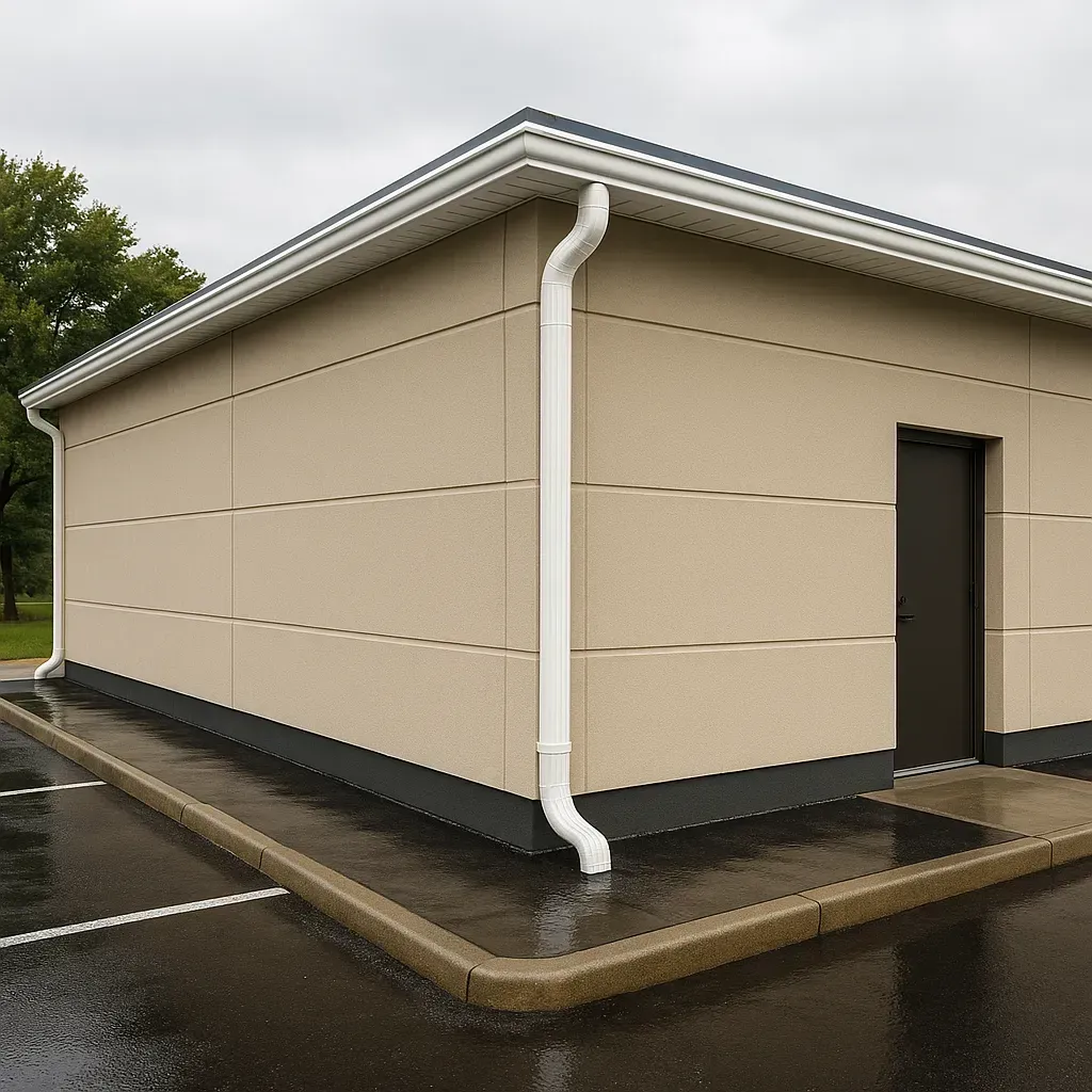 Commercial building foundation and parking area protected from water damage by properly functioning seamless gutters
