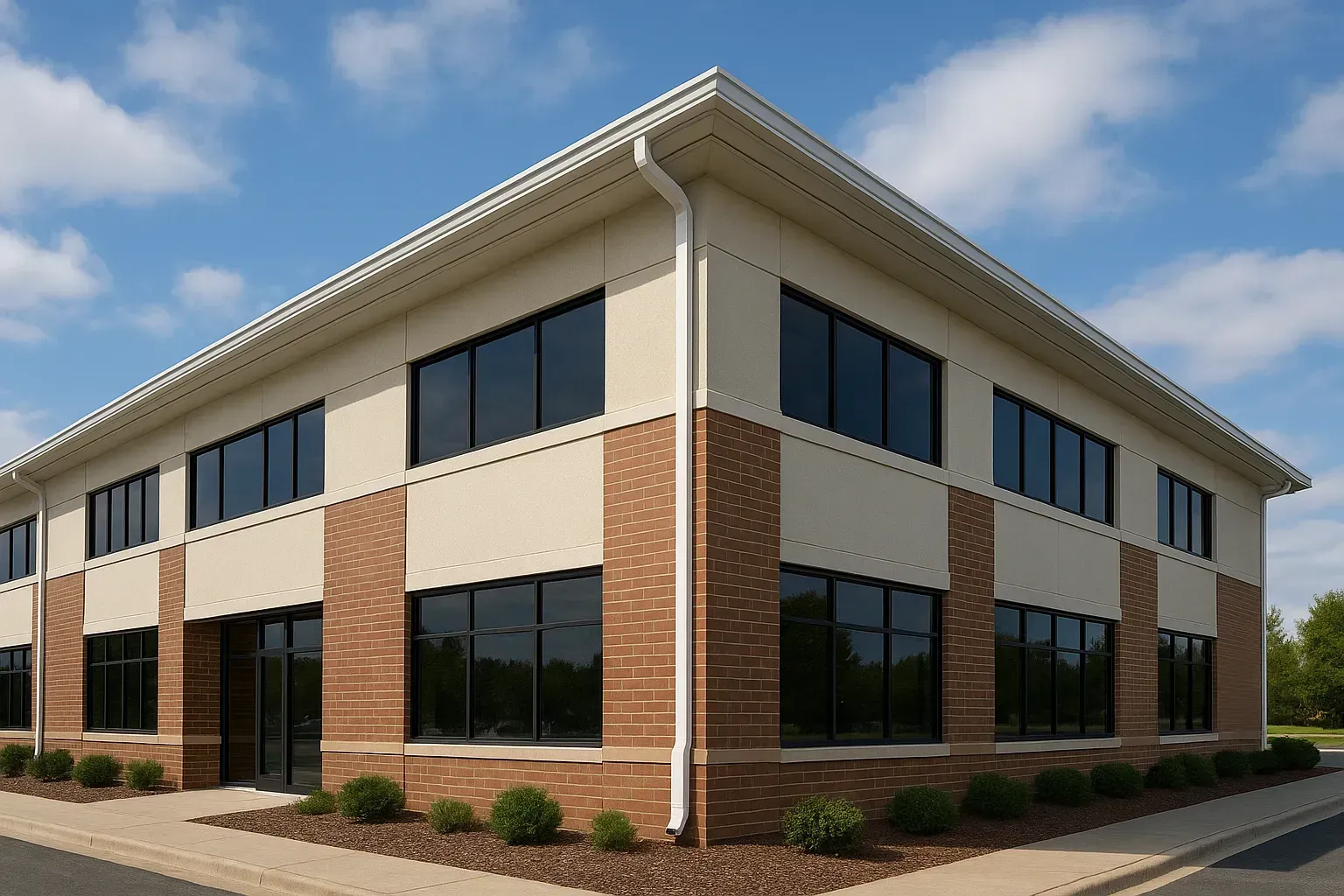 Two-story beige and brick office building with dark windows under a blue sky.