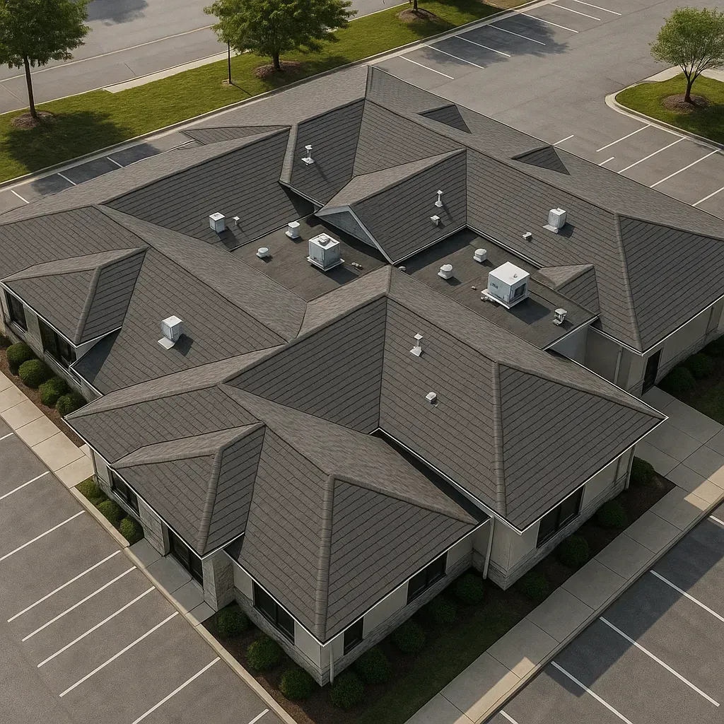 Commercial building roof showing size and slope factors for gutter sizing calculations