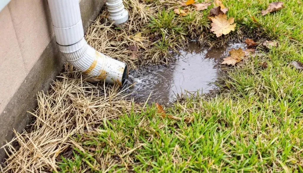 White gutter downspout emptying water into a puddle on a grassy lawn.