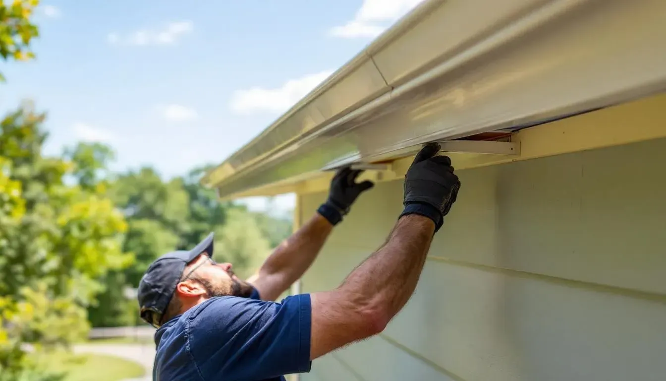 Professional installing gutter hangers during rain gutter installation process