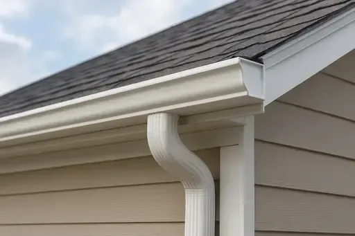 White gutters on a beige house, with a dark roof and cloudy sky in the background.