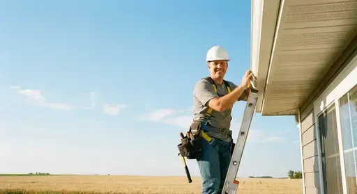 A professional contractor from Wichita Gutters inspecting and repairing white soffit and fascia boards on a residential home in Wichita, KS