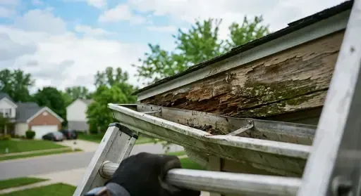 Rotted fascia board and detached soffit on a Wichita home caused by water damage and wind.