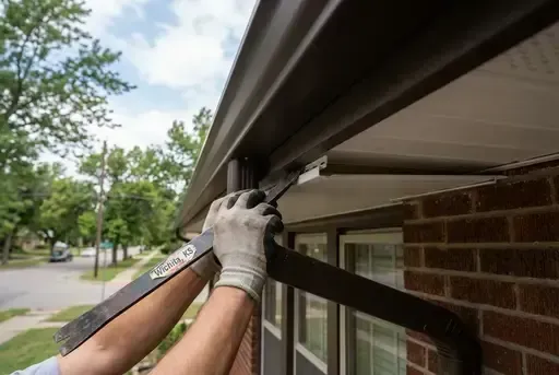 A contractor’s hands using a pry bar to gently slide a vinyl soffit panel into the J-channel