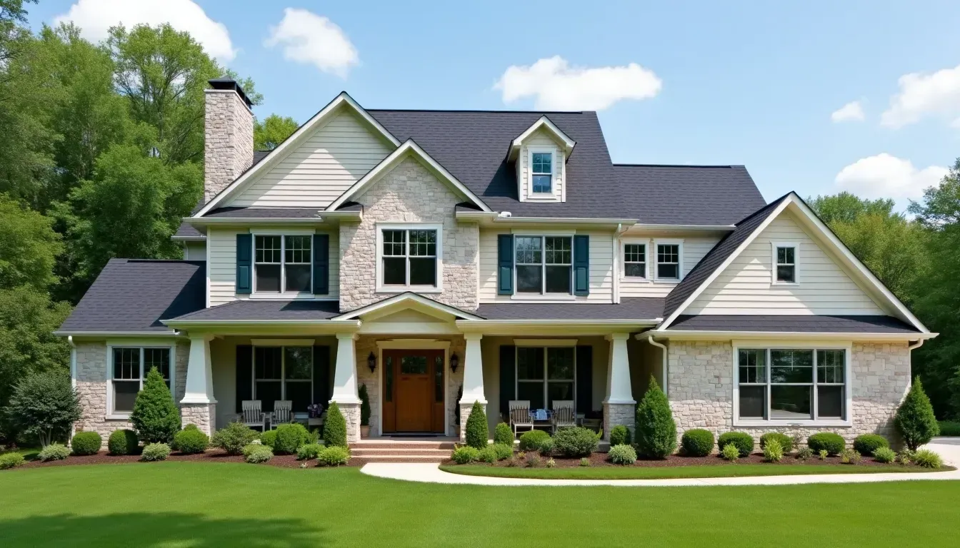 Two-story beige house with black roof, front porch, and green lawn, set against a blue sky and trees.