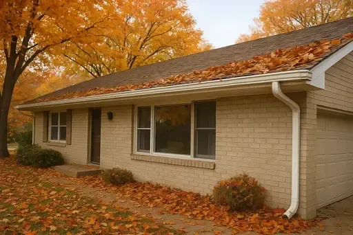 Wichita house with beige brick exterior and orange fall foliage with white gutters. Leaves on the roof and ground.
