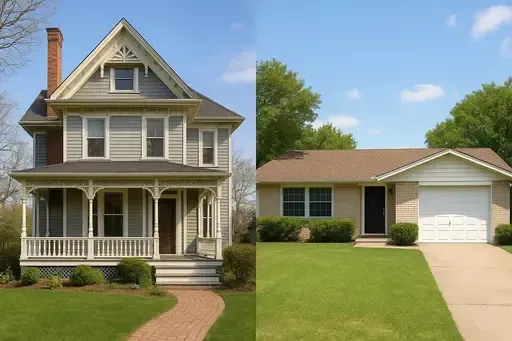 Victorian on left and ranch style on right homes in Wichita Kansas with different ice dam risk levels