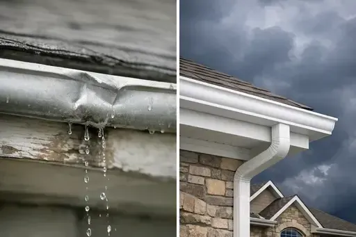 Comparison of old sagging gutters on left and a new seamless gutter installation on a home in Wichita, KS on the right