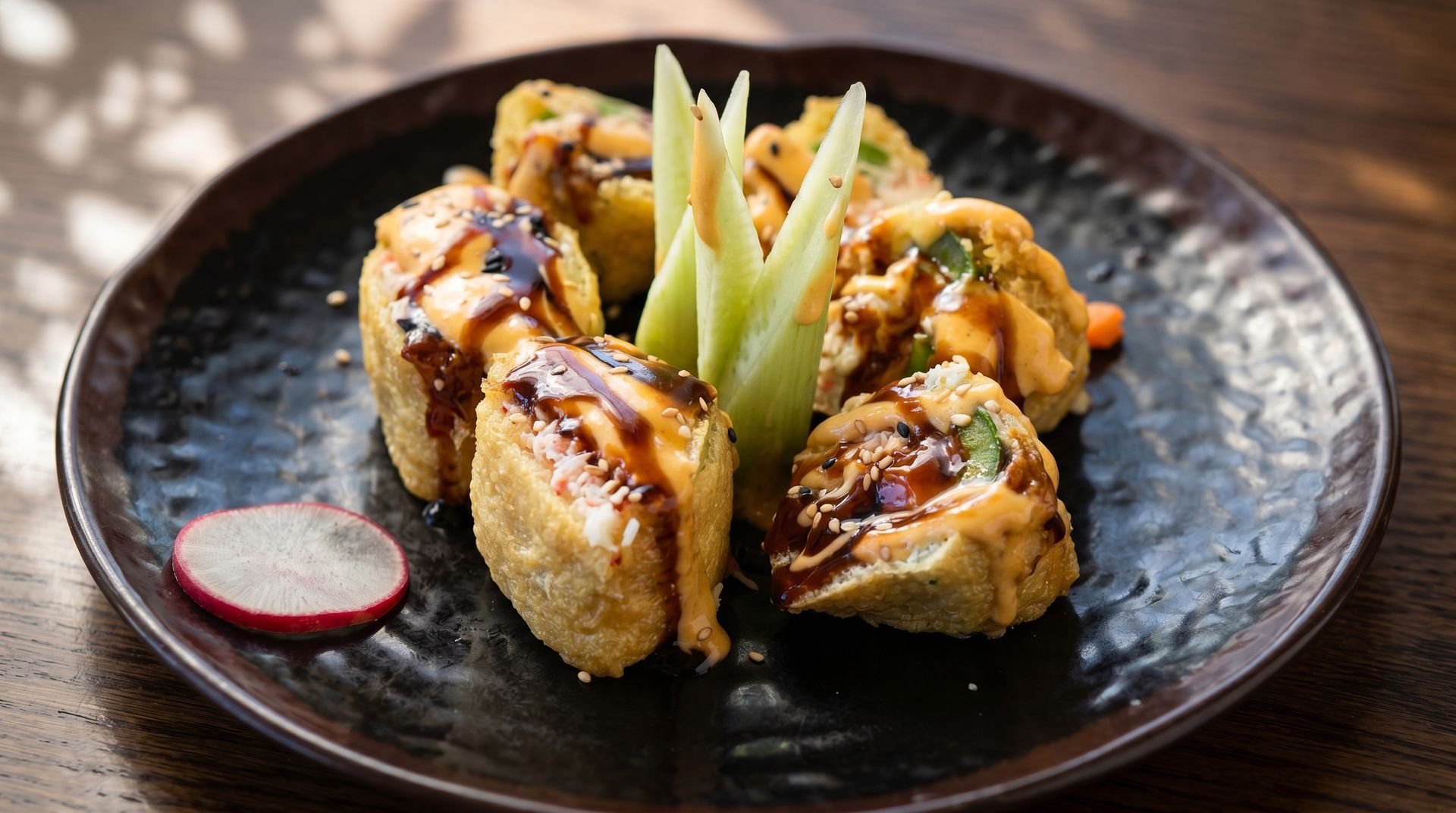 Plate of sushi rolls drizzled with sauce, garnished with radish and green leaves on a dark dish