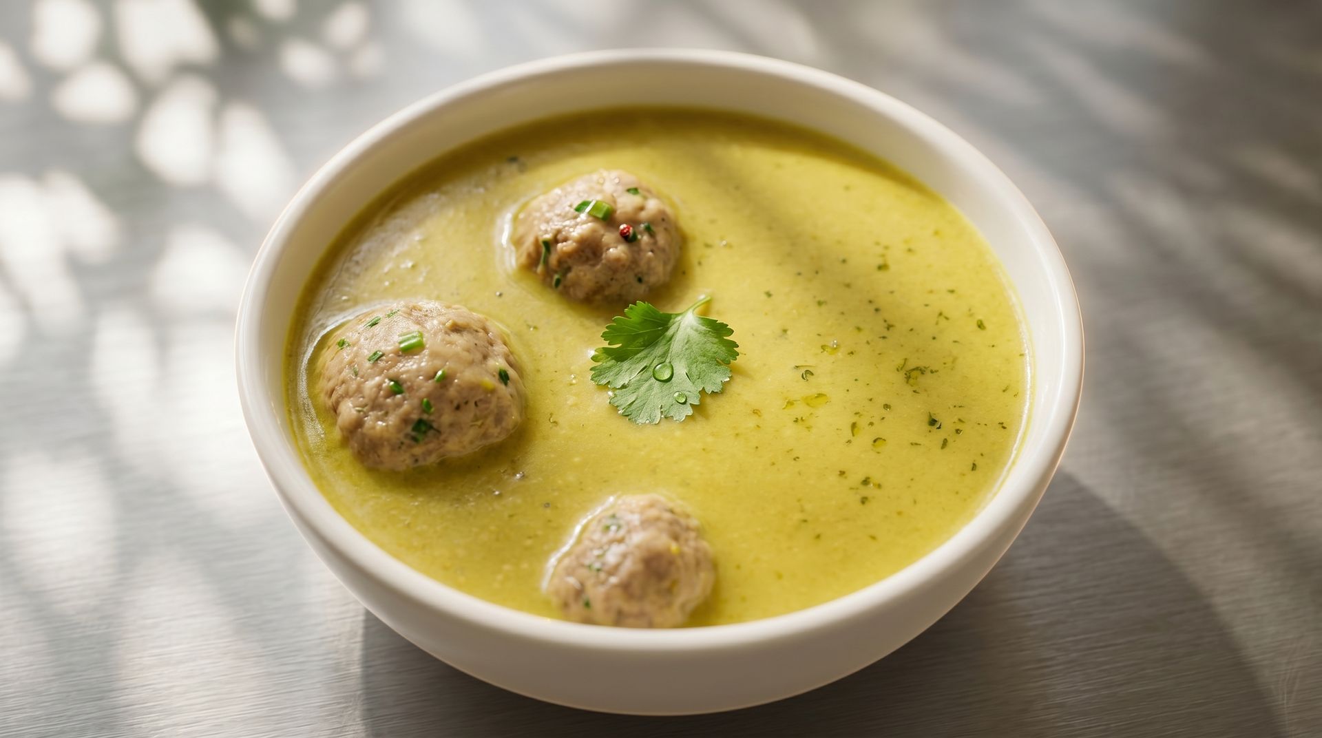 Bowl of creamy yellow soup with three meatballs and a parsley garnish on a table