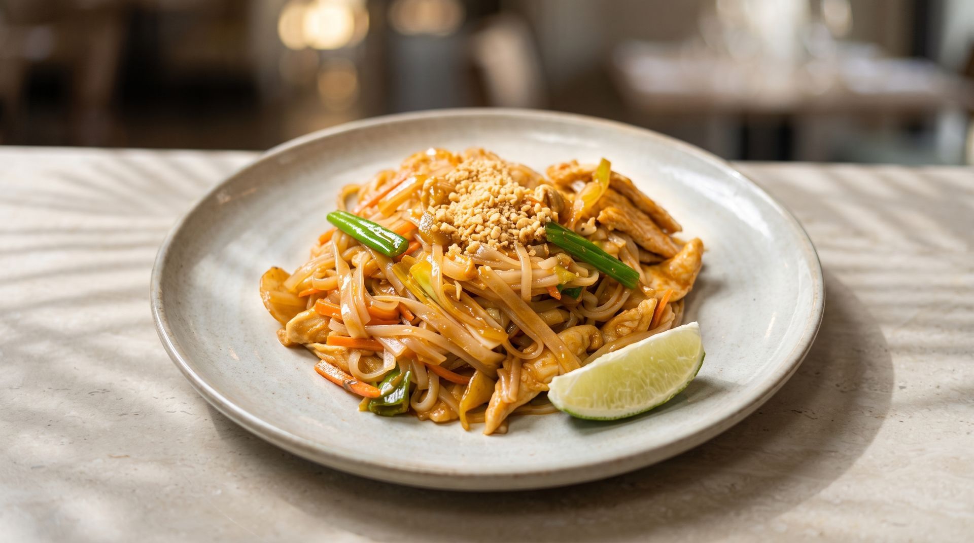 Plate of pad thai noodles topped with peanuts and scallions, with a lime wedge on a table