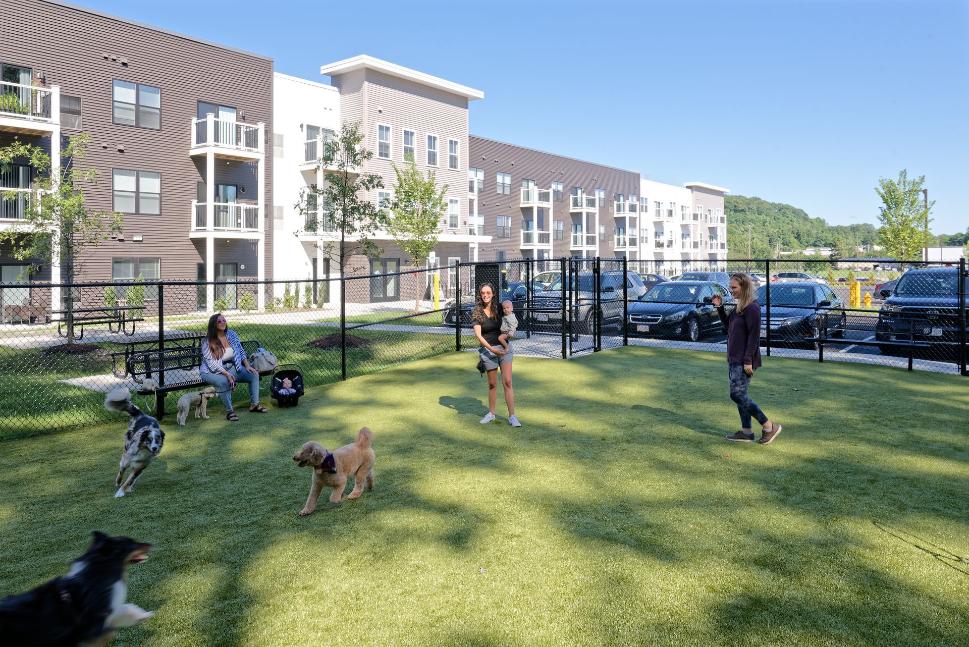 The landscaped outdoor grounds at The Kiln, an apartment community with outdoor space in Worcester, MA