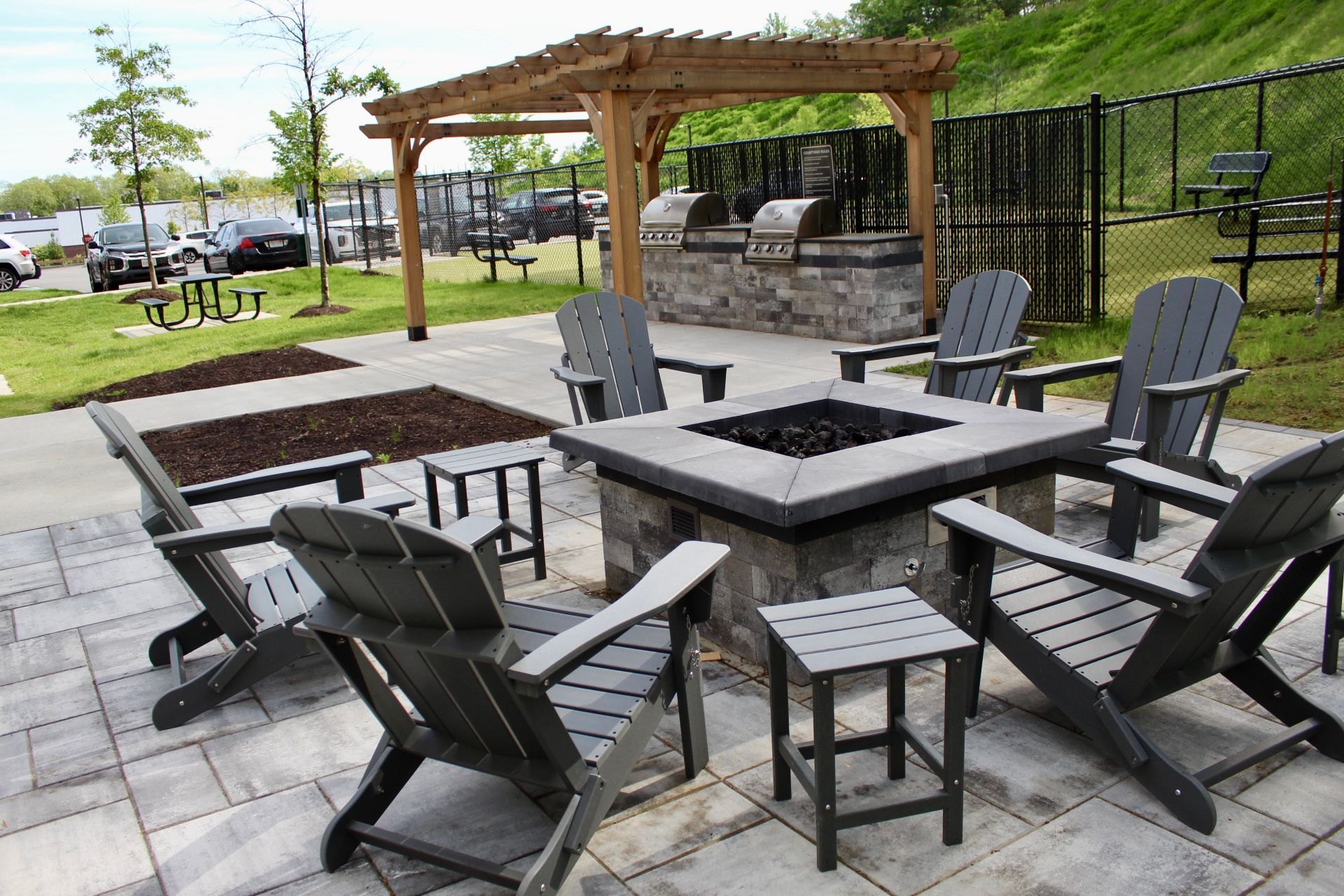 The outdoor grilling and fire-pit lounge at The Kiln in Worcester