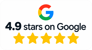 4.9-star Google rating with five yellow stars and the Google logo
