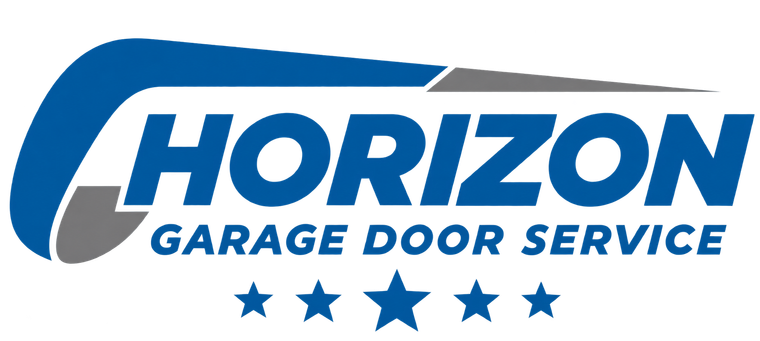 Horizon Garage Door Service logo in blue and gray with five blue stars