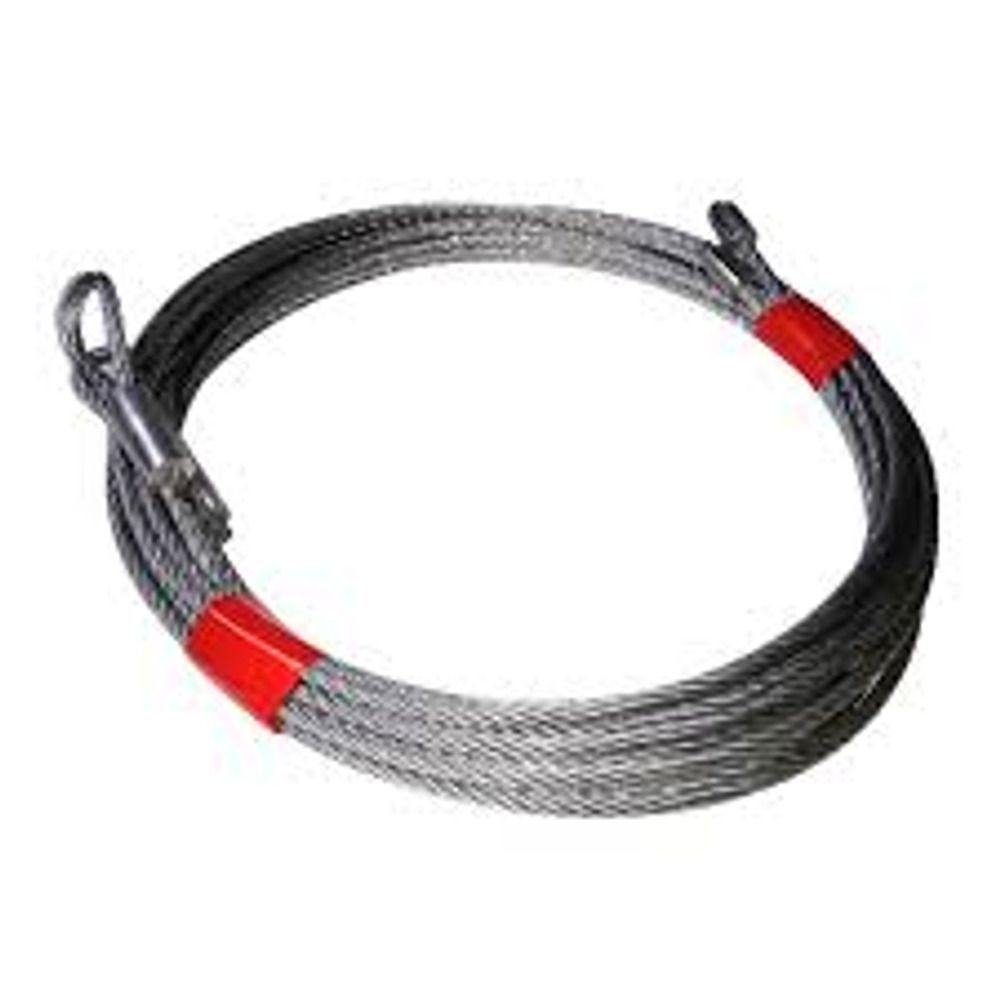 Coiled steel wire rope sling with red protective sleeves and metal looped ends