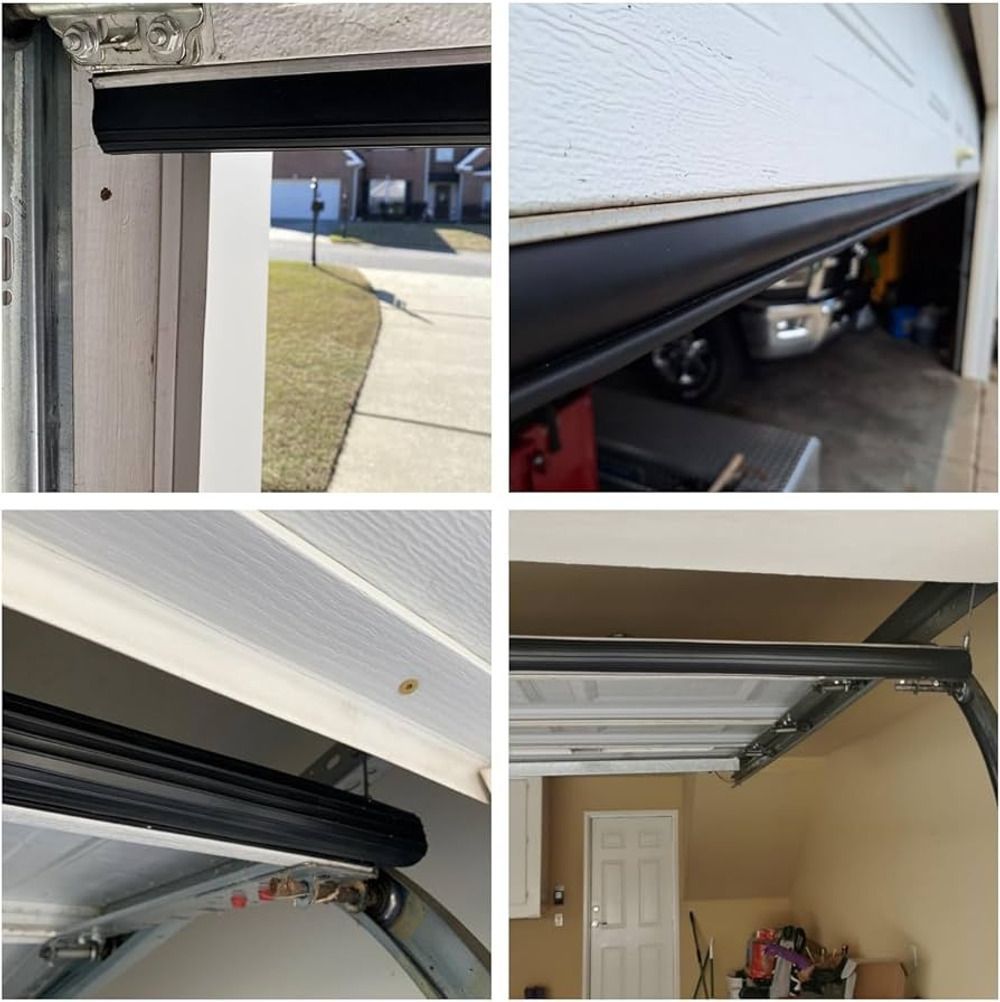 Four close-up photos of a garage door track, opener, and spring near the ceiling.