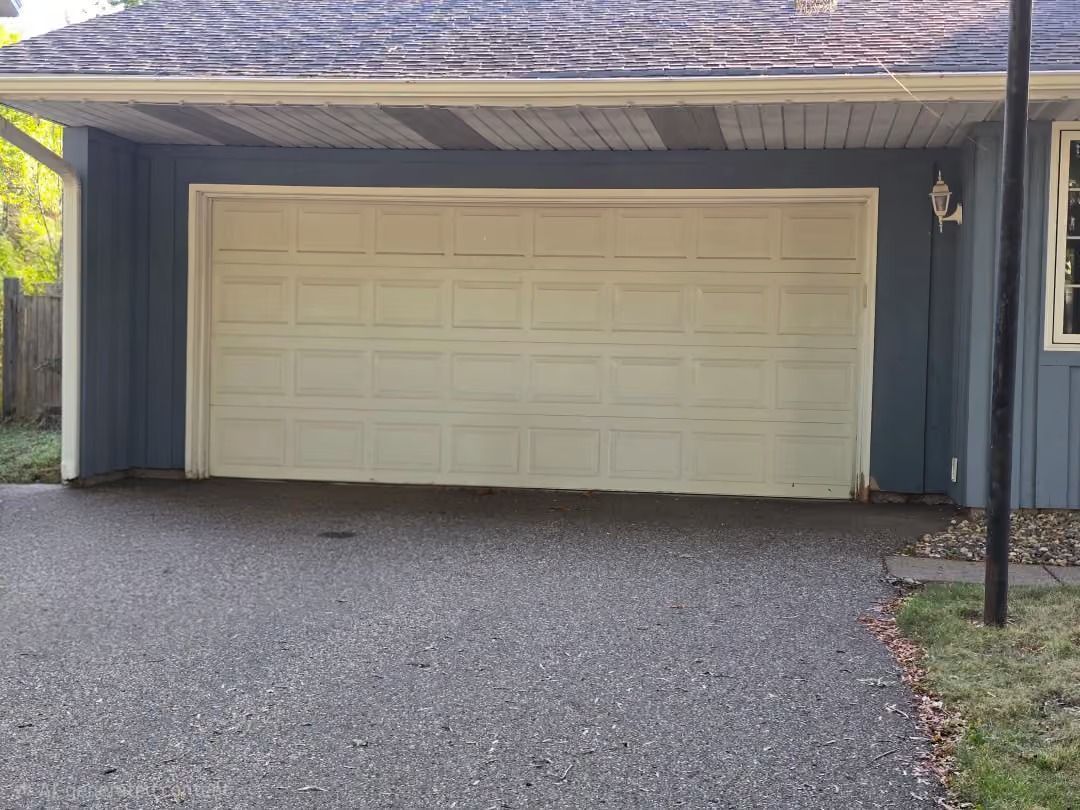 Blue house with a beige two-car garage and gravel driveway