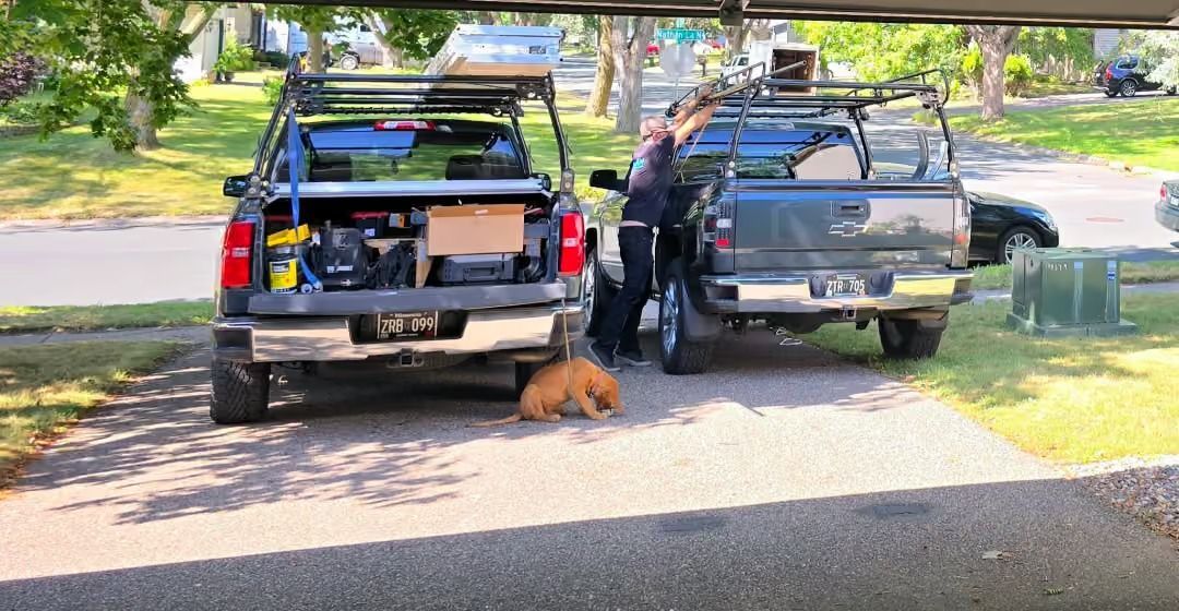 Two pickup trucks parked in a driveway, with a brown dog standing between them and a person by the right truck.