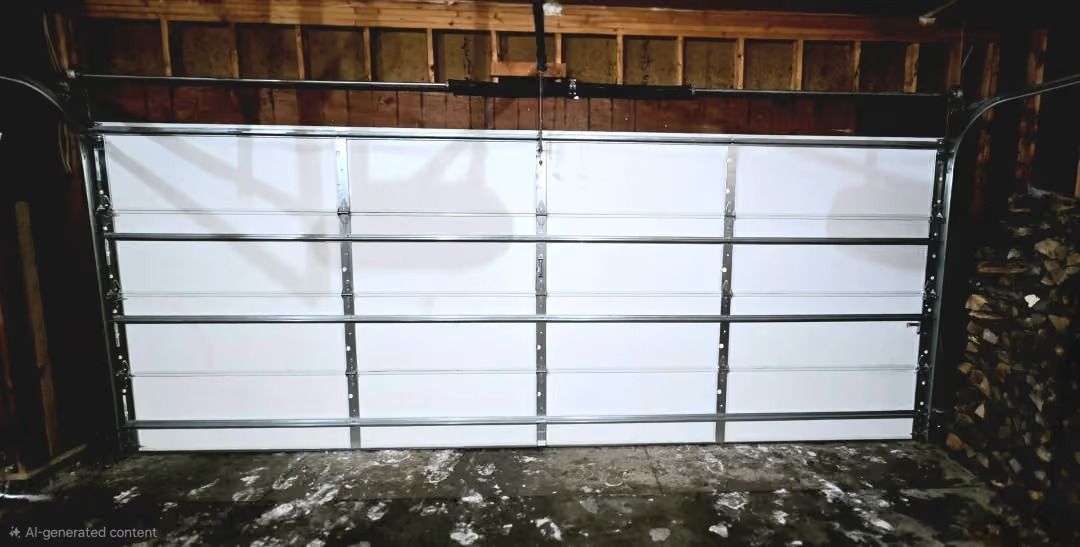 Closed white garage door with a wooden ceiling and stone walls around it