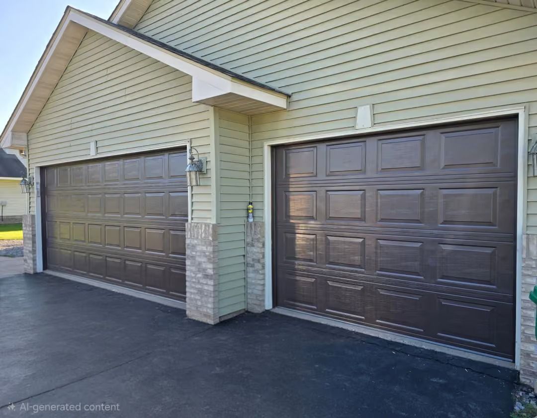 Two dark brown garage doors on a beige house with a driveway and gabled roof