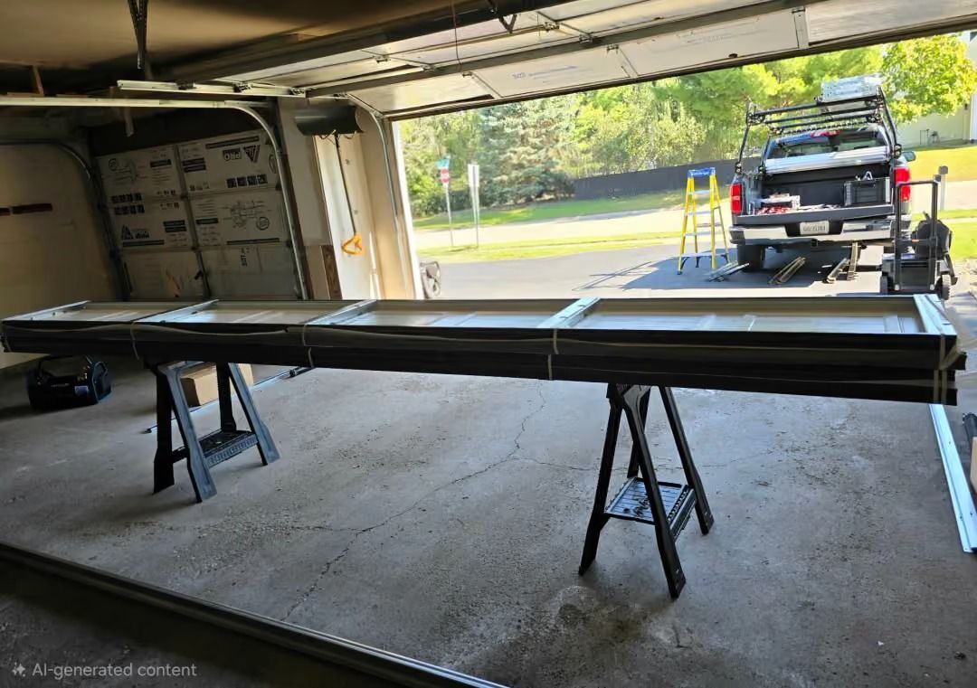 Long wooden beam resting on two sawhorses inside an open garage, with a truck outside.