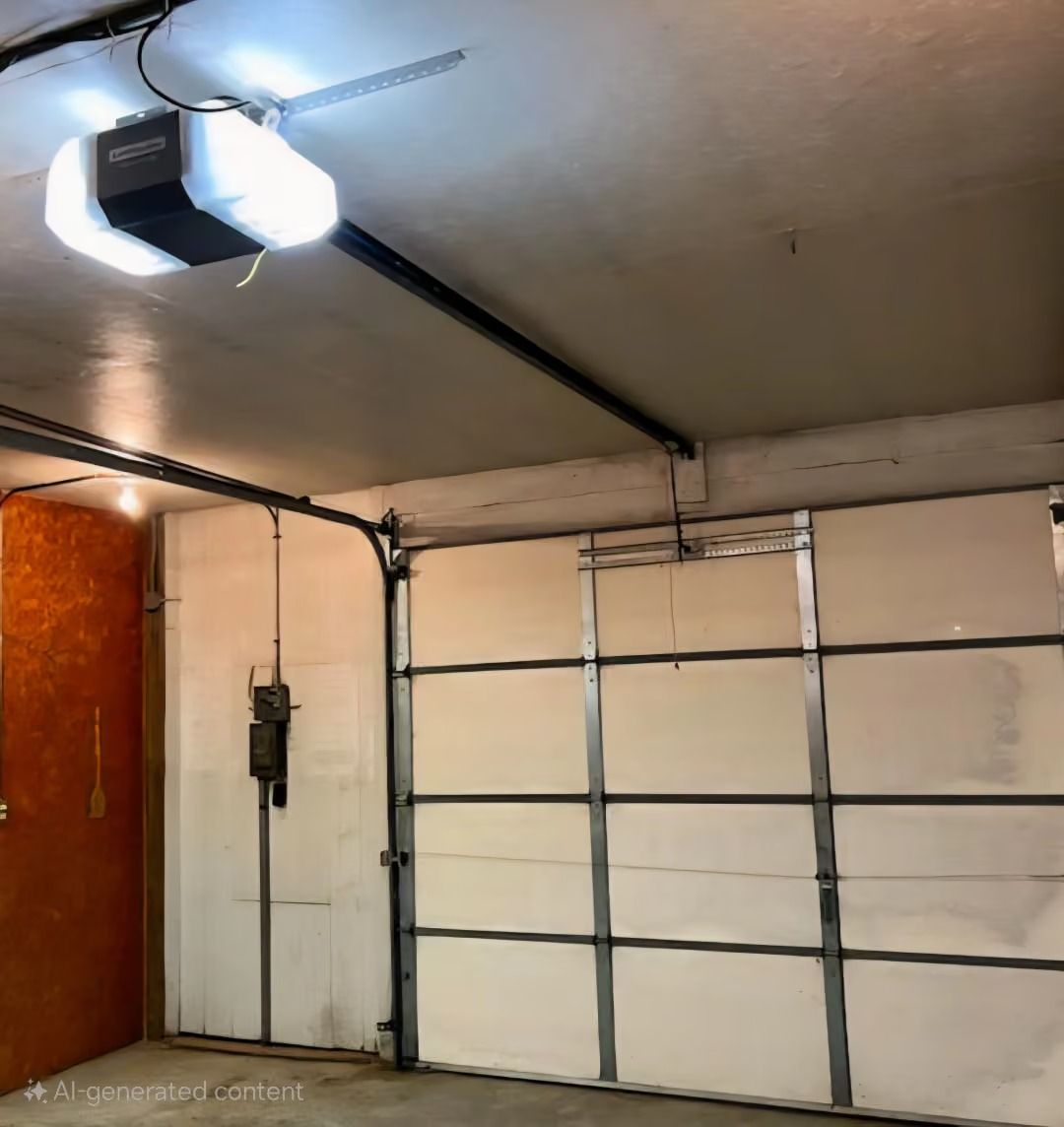 Garage interior with a white sectional door, ceiling opener, and orange side door